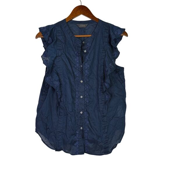 J. Crew Ruffled Neck Floral Embroidered Detail Sleeveless Blouse L Navy Blue - Picture 1 of 15